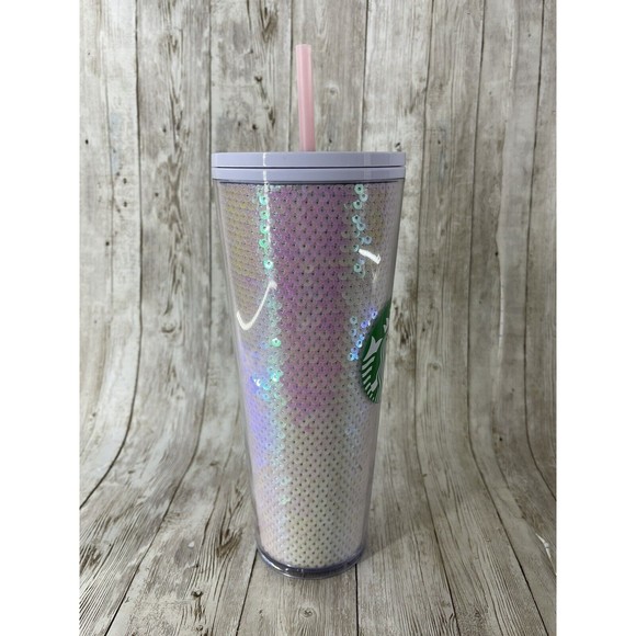 NEW!! Starbucks Cup Holiday 2020 Pink White Sequin Plastic Cold Tumbler 24oz - Picture 5 of 9